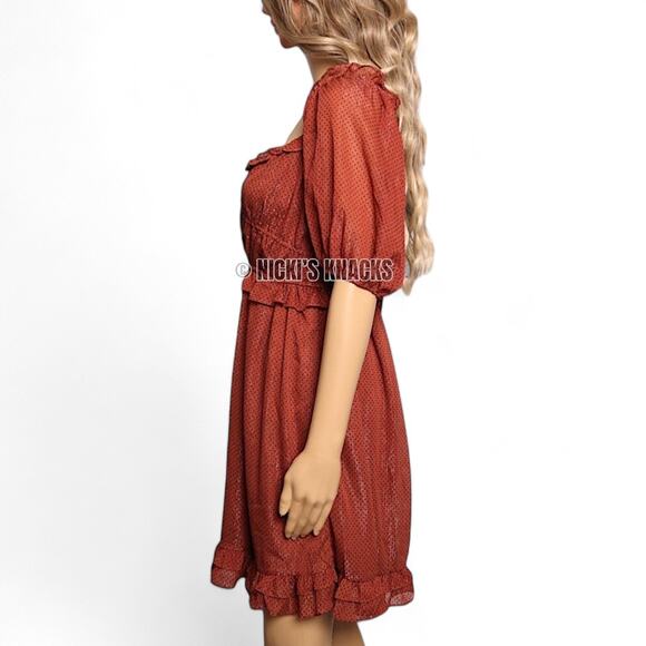 By The River Rust Polka Dot Mini Dress Puff Sleeve Ruffle Fit Flare Fall Size S - Picture 5 of 13